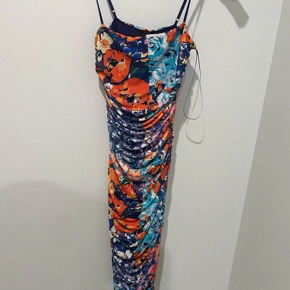 NWOT AFRM Floral Printed Ruched Mesh midi Dress - size Small - Picture 4 of 4